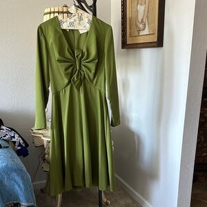 Silk Green Long Sleeve Vintage Dress with Front Twist Small